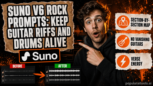 Suno v6 Rock Prompts: Keep Guitar Riffs and Drums Alive Through the Verse (2026) featured image