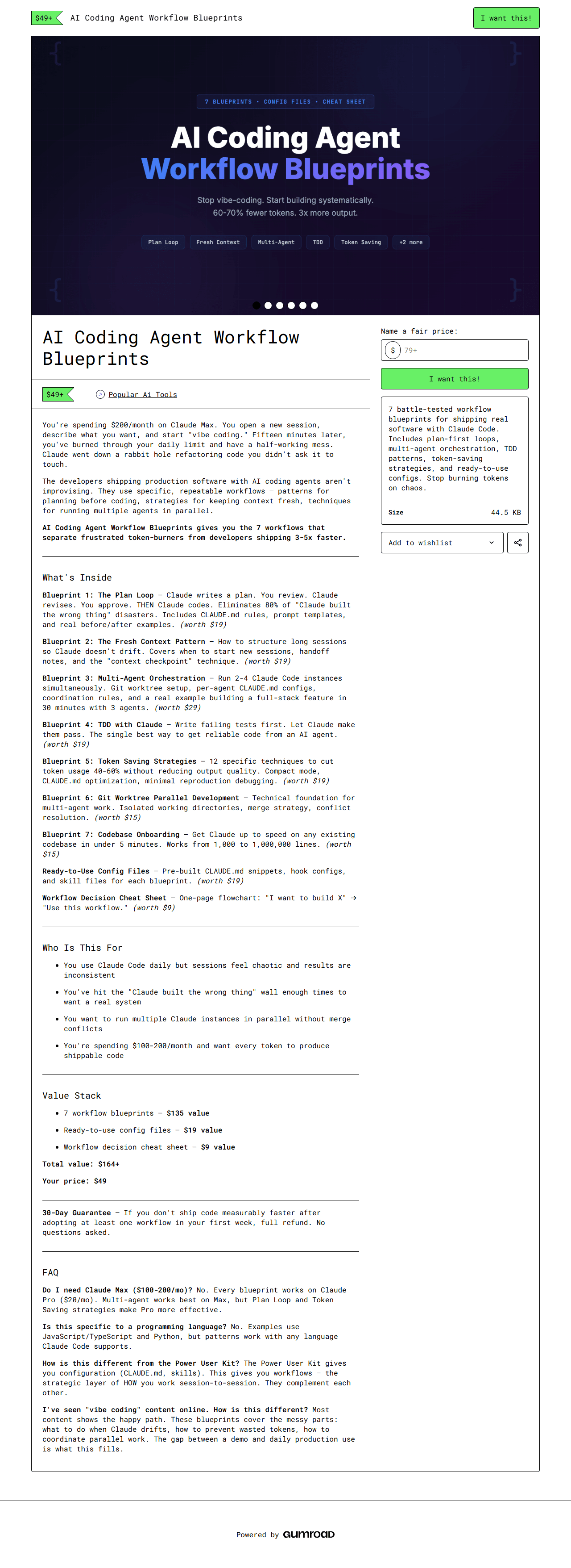 AI Coding Agent Blueprints — full Gumroad product page