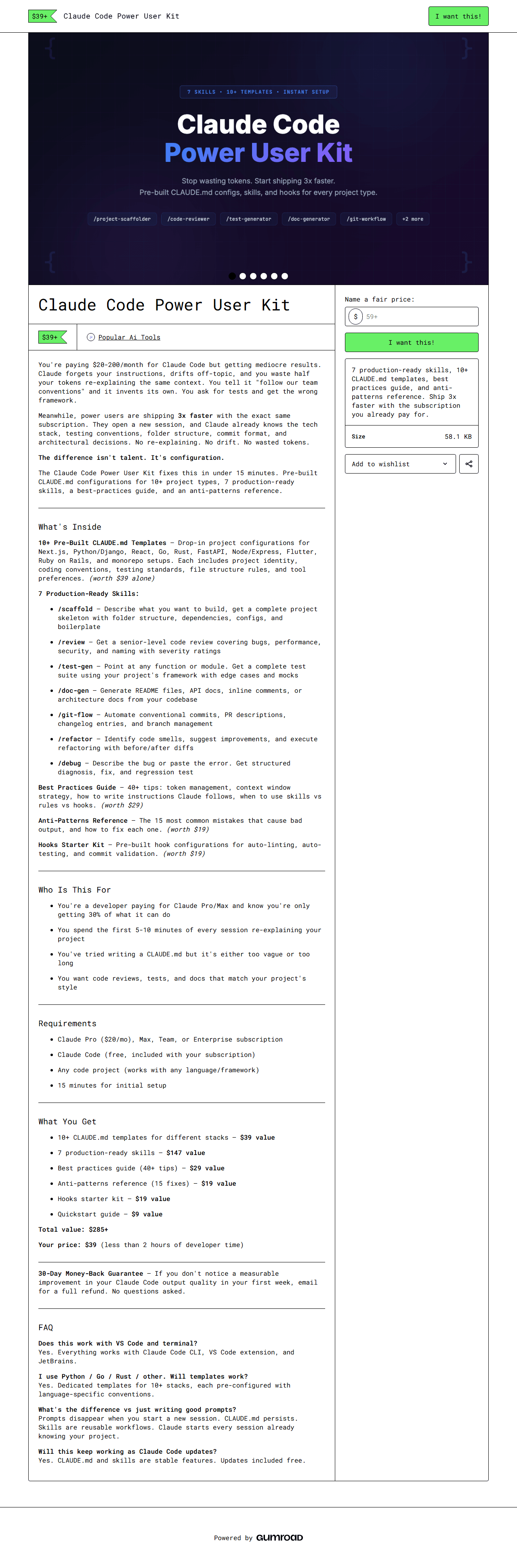 Claude Code Power User Kit — full Gumroad product page