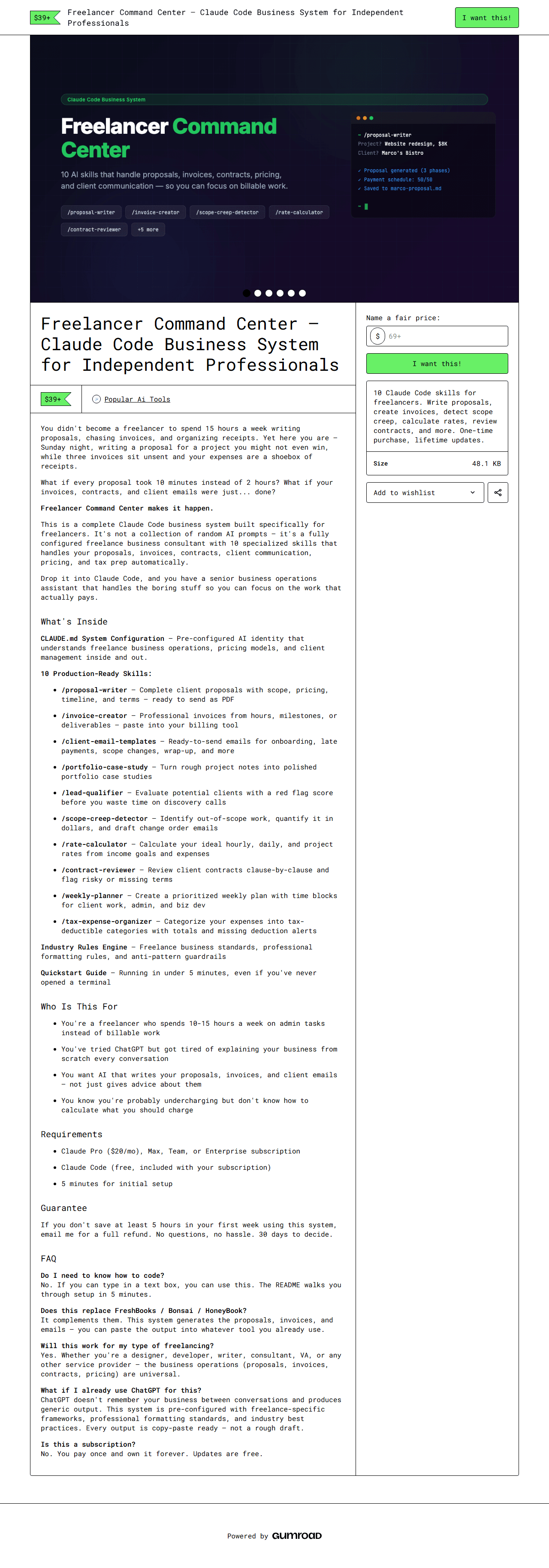 Freelancer Command Center — full Gumroad product page