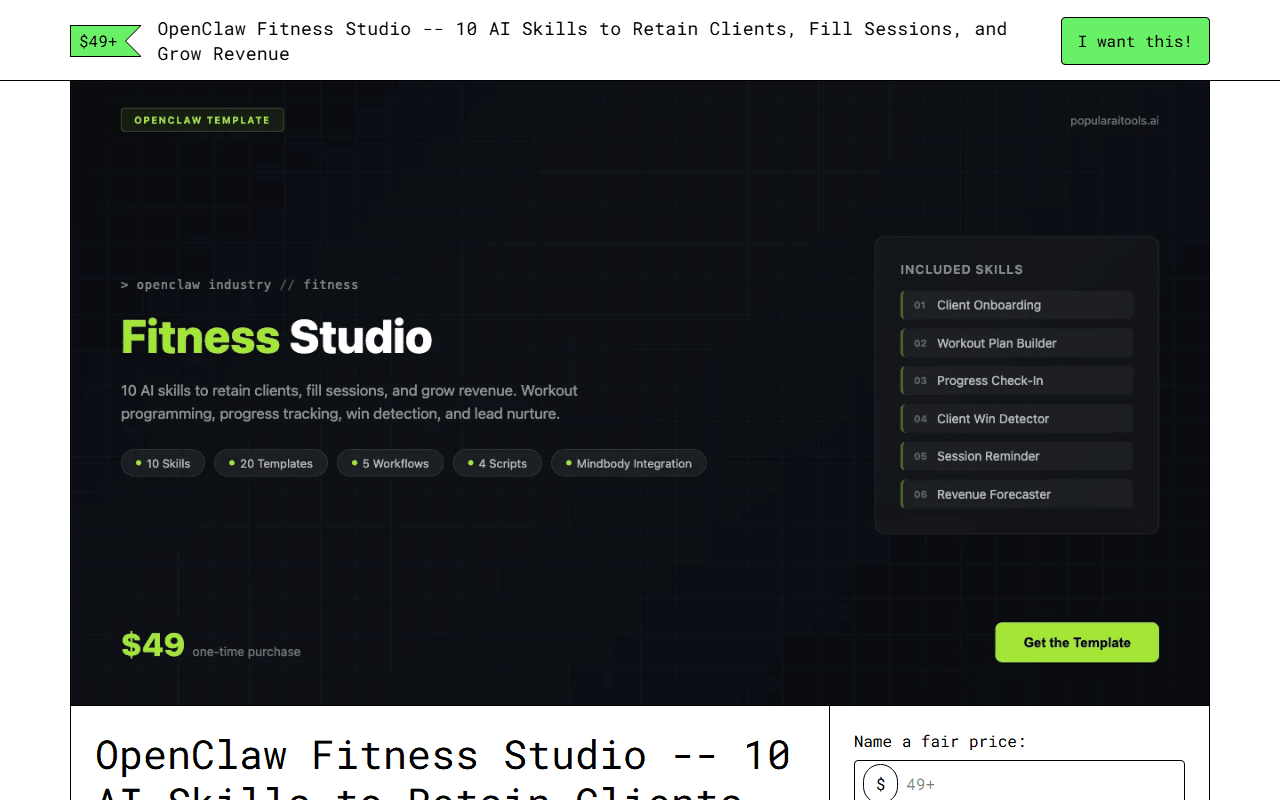 OpenClaw Fitness Studio — Gumroad product page