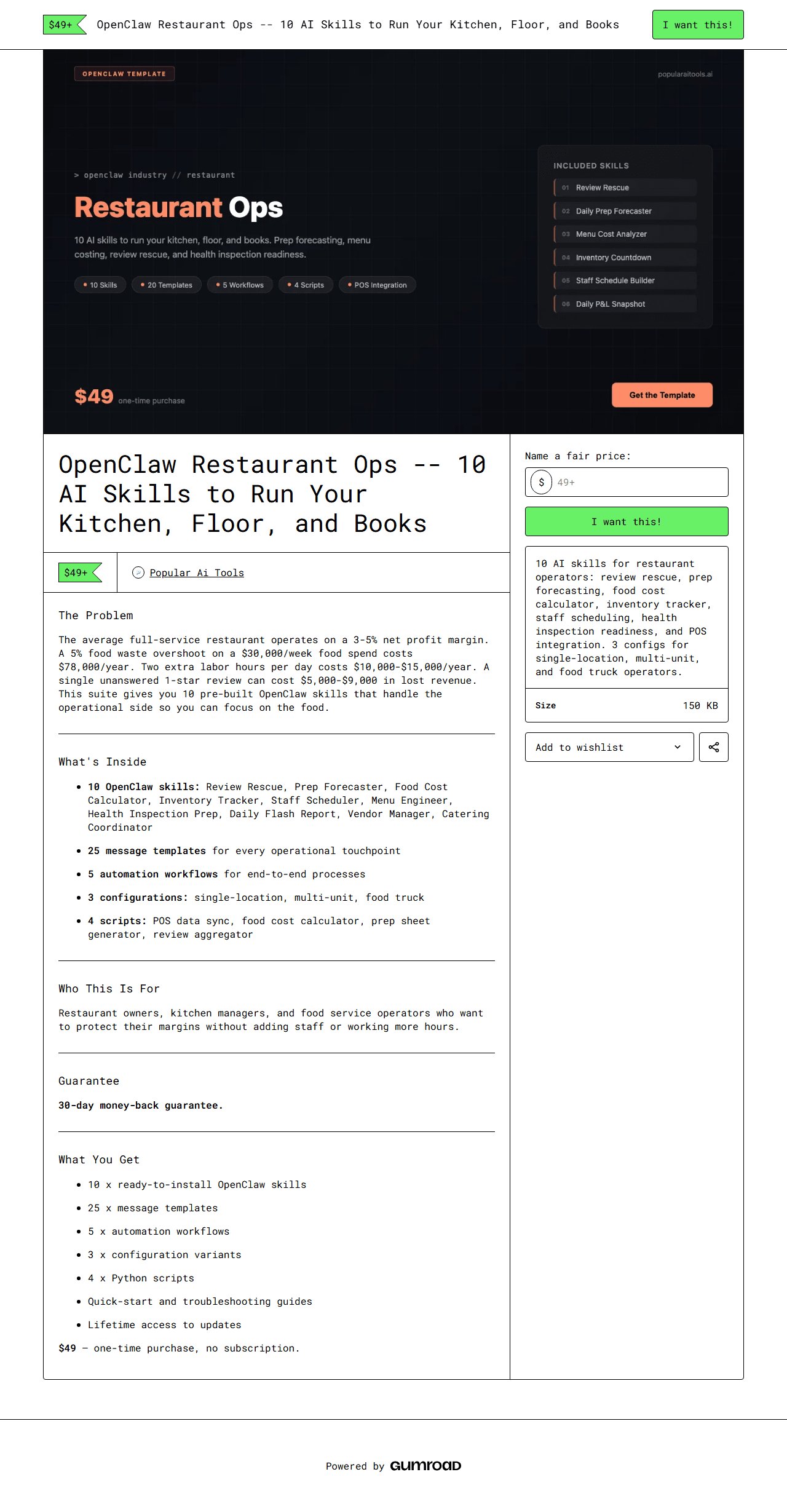 OpenClaw Restaurant Ops — full Gumroad product page