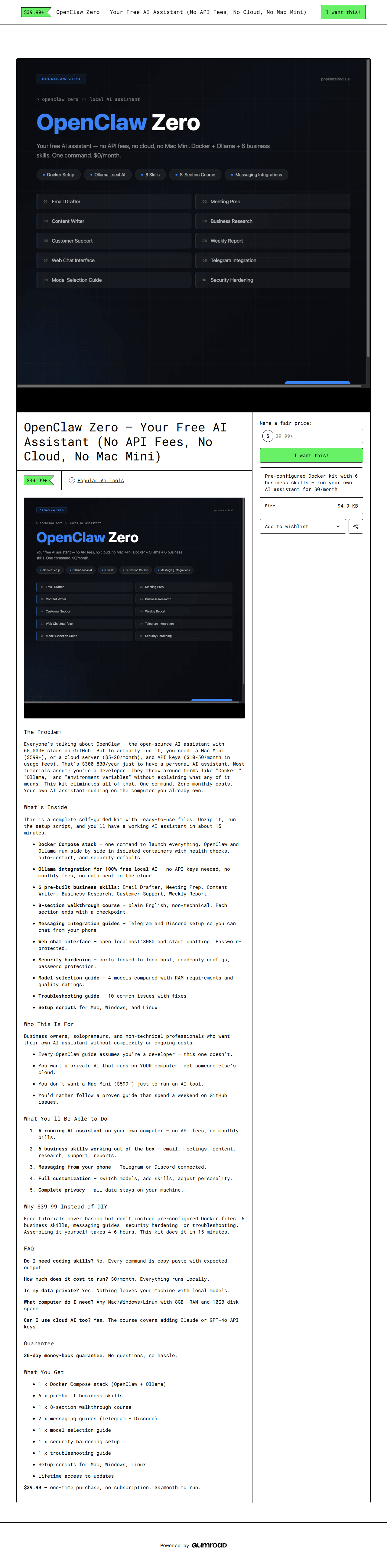 OpenClaw Zero — full Gumroad product page