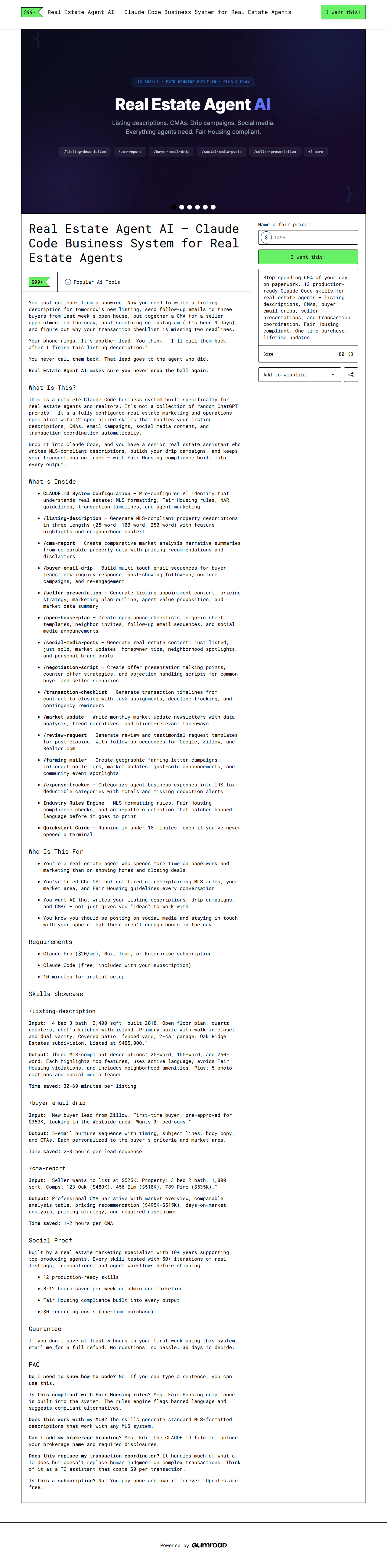 Real Estate Agent AI — full Gumroad product page