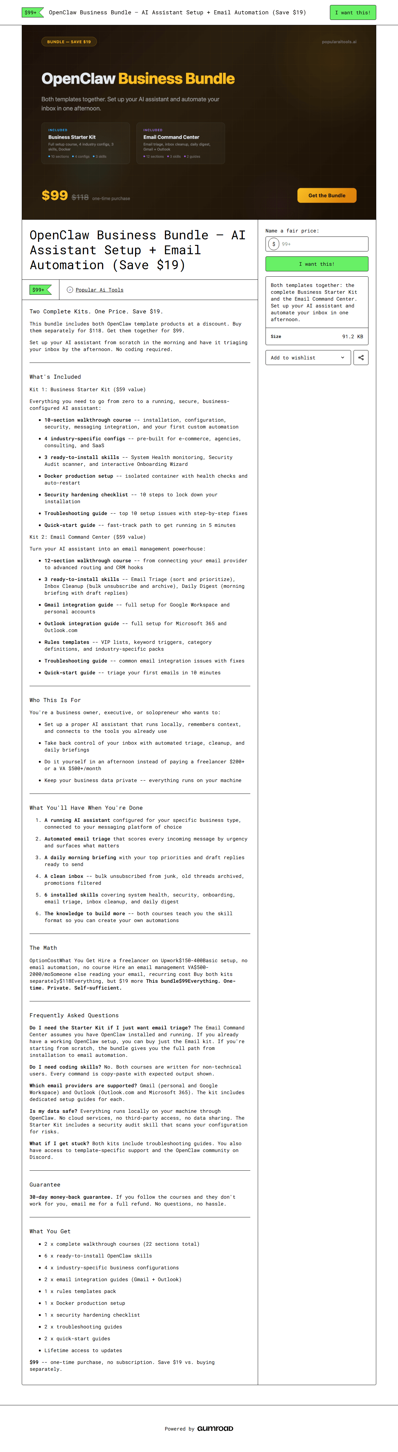 OpenClaw Business Bundle — full Gumroad product page