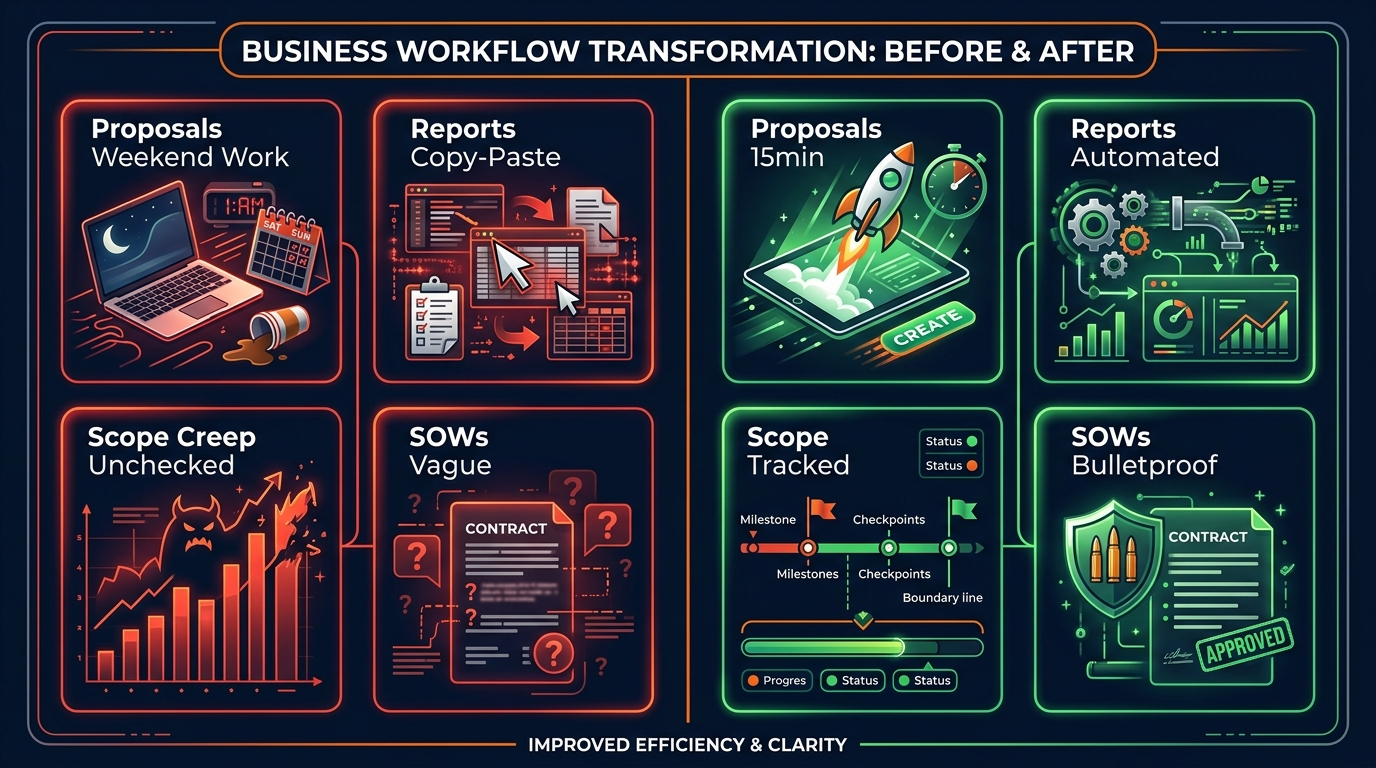 Before vs After AI for agencies: proposals from weekend work to 15 minutes, reports from copy-paste to automated, scope creep from unchecked to tracked, SOWs from vague to bulletproof