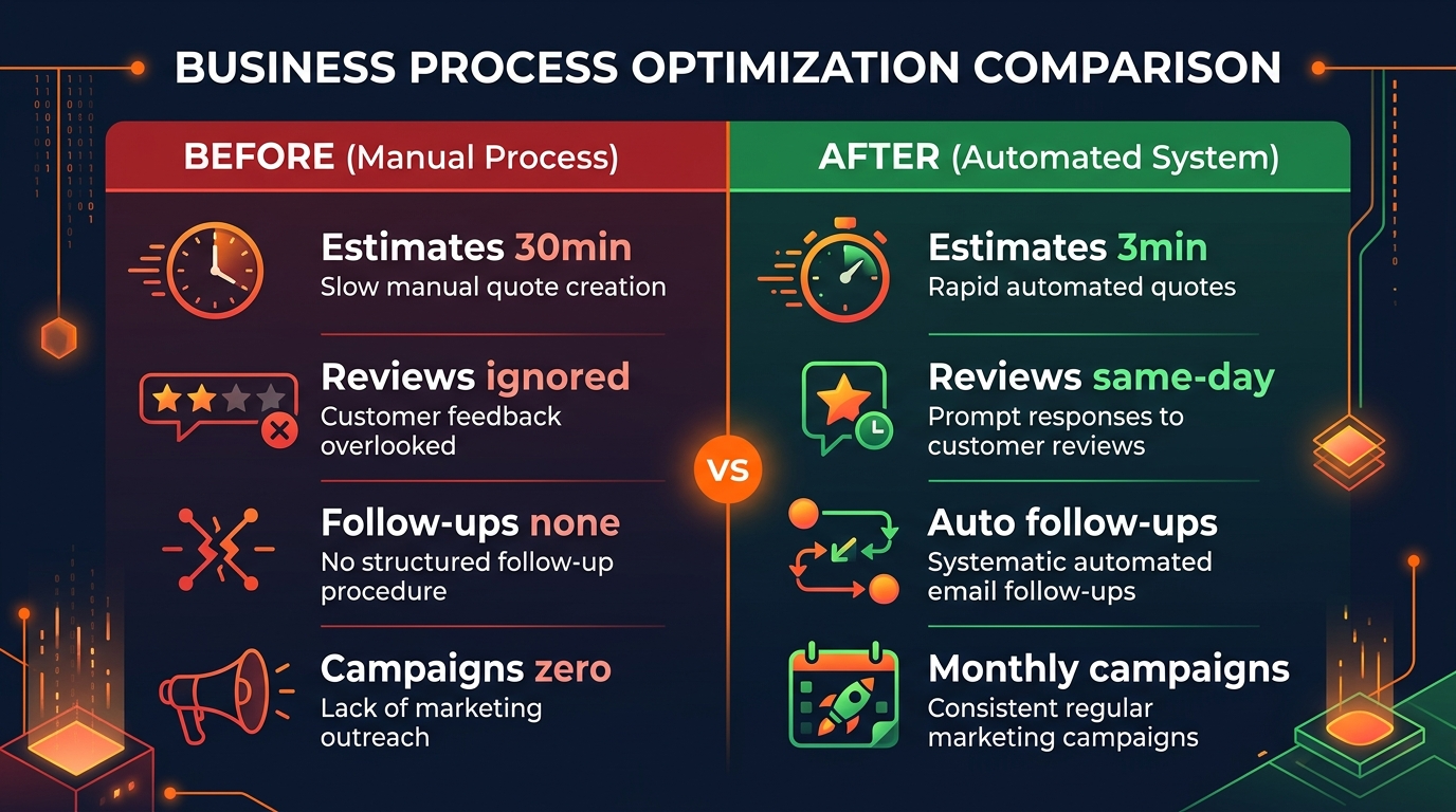 Before vs After AI for auto shops: estimates from 30 minutes to 3 minutes, reviews from ignored to same-day, follow-ups from none to automated, campaigns from zero to monthly