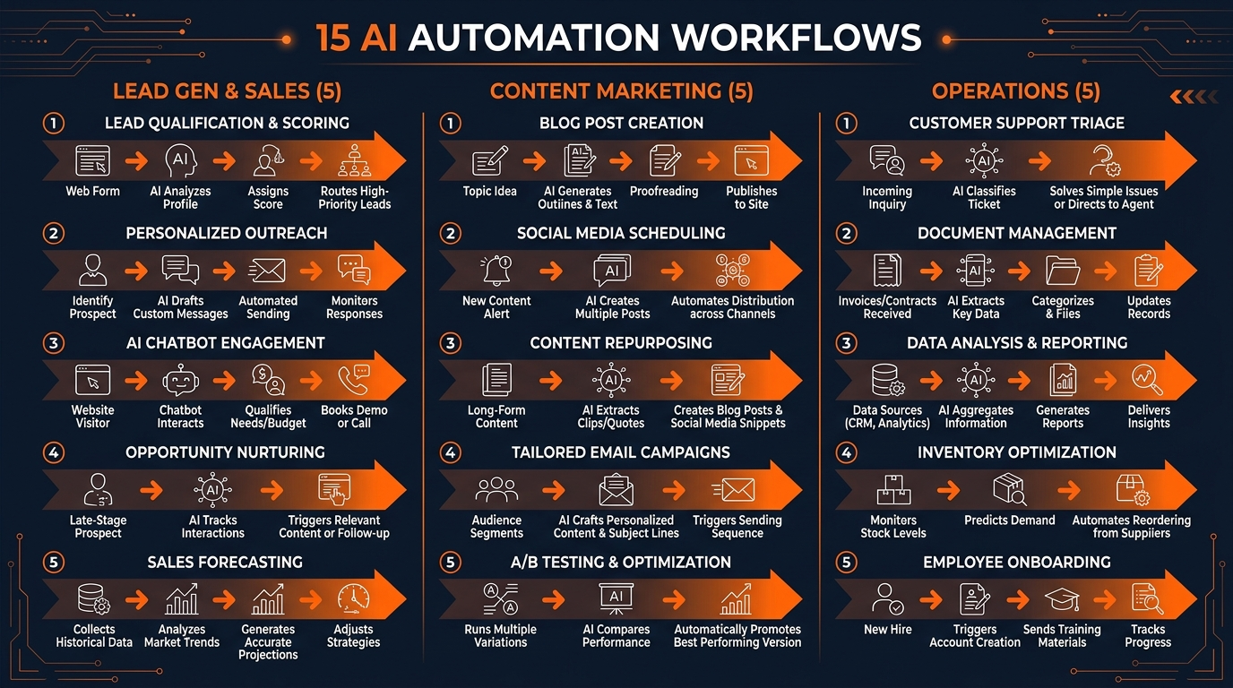 15 AI automation workflows in 3 categories: Lead Gen & Sales, Content & Marketing, Operations