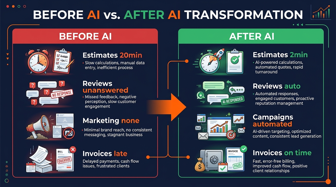 Before vs After AI for cleaning companies: estimates drop from 20 minutes to 2 minutes, reviews from unanswered to auto-responded, marketing from none to automated campaigns
