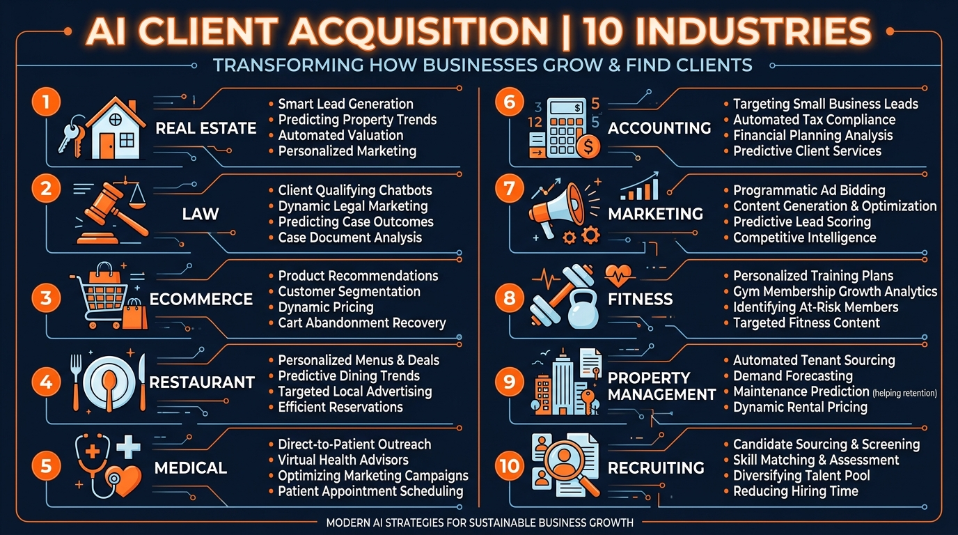 AI Client Acquisition 10 industries: real estate, law, e-commerce, restaurants, medical, accounting, marketing, fitness, property, recruiting