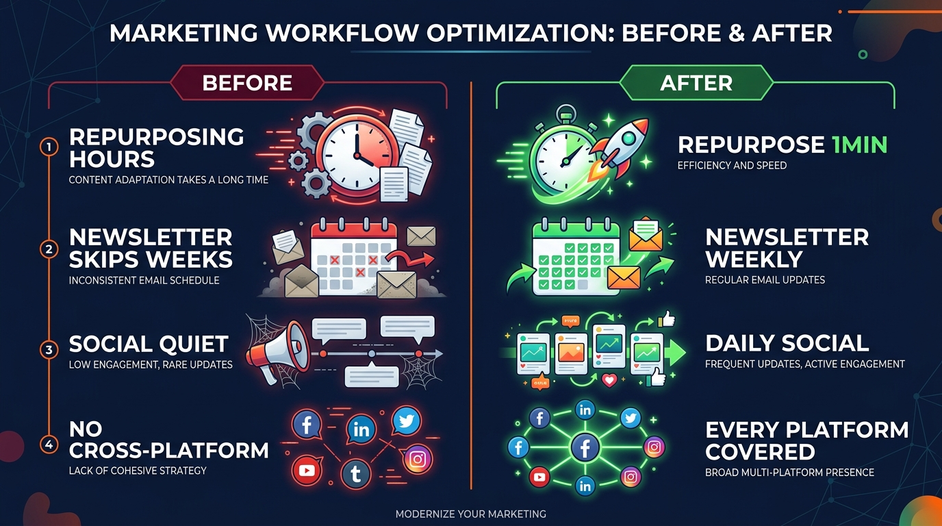 Before vs After AI for content creators: repurposing takes hours vs 1 minute, newsletter skips weeks vs weekly auto, social goes quiet vs daily content, no cross-platform vs every platform covered