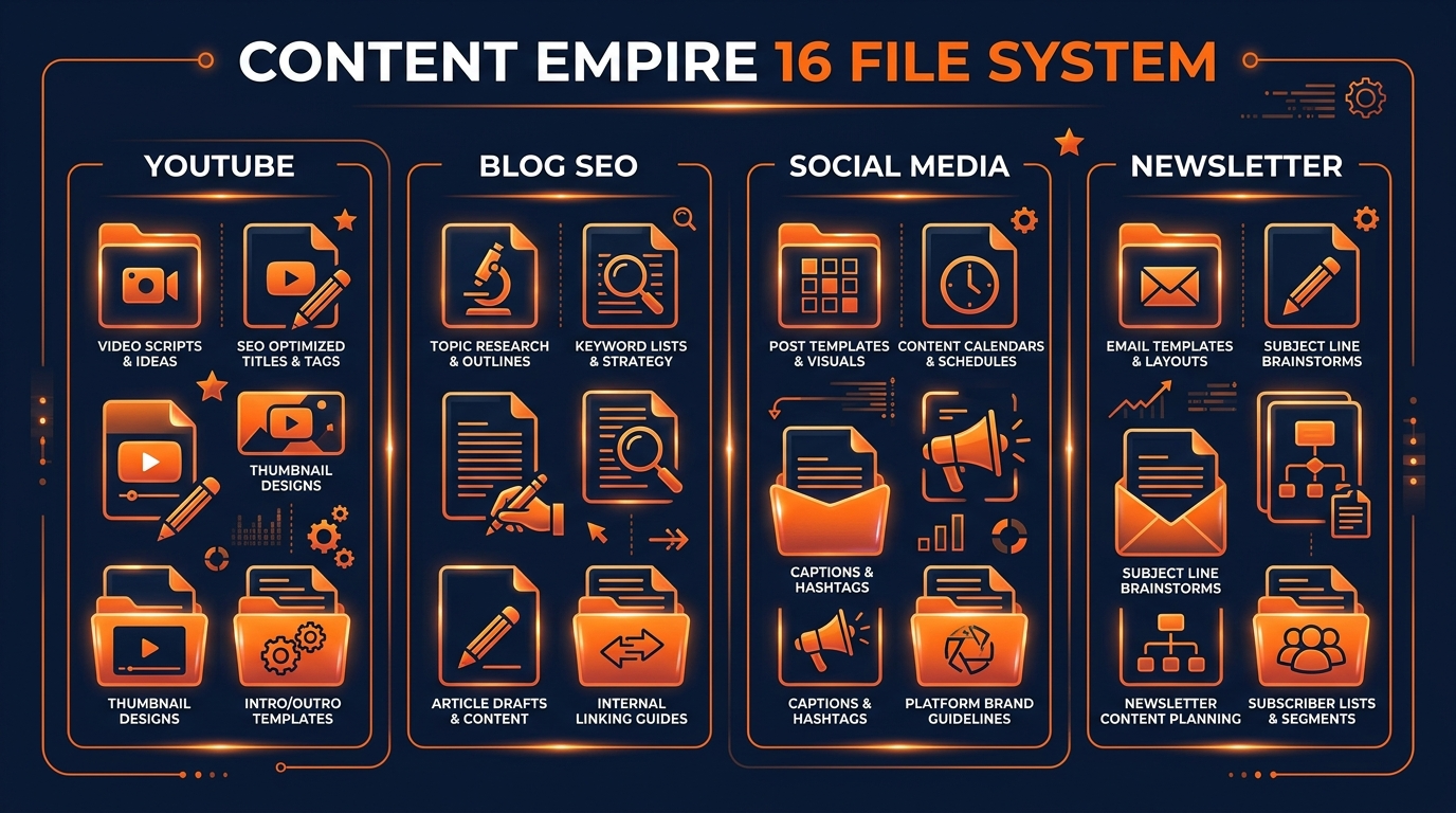 AI Content Empire 16-file system showing 4 sections of 4 files each