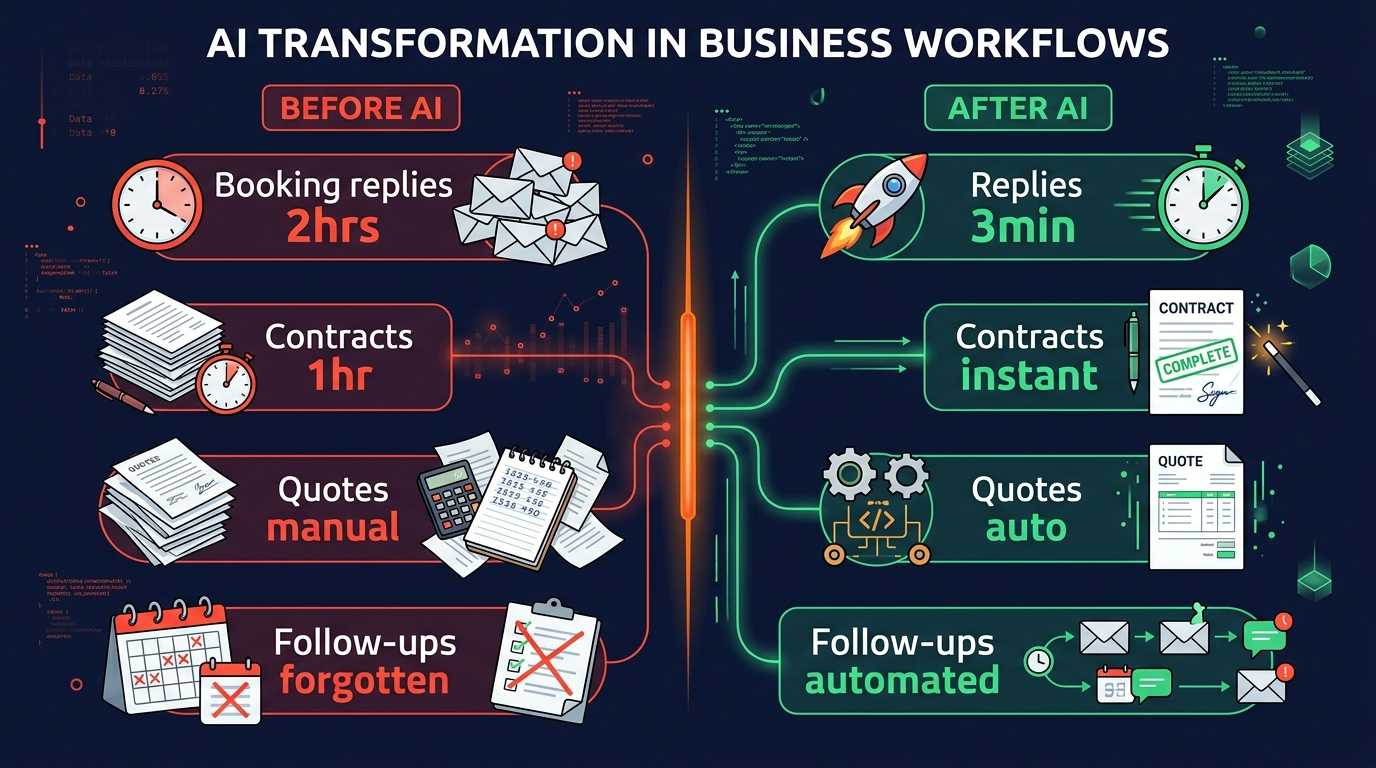 Before vs After AI automation for DJs: booking replies drop from 2 hours to 3 minutes, contracts from 1 hour to instant, quotes from manual calculation to auto-calculated, follow-ups from forgotten to automated
