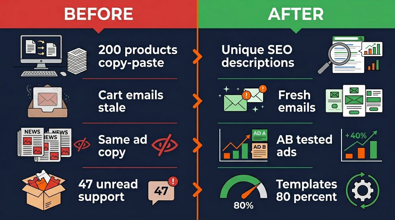 Before vs After AI for e-commerce: 200 products with copy-paste descriptions vs unique SEO descriptions, stale cart emails vs fresh sequences, year-old ad copy vs A/B tested ads, 47 unread support emails vs templates handling 80%
