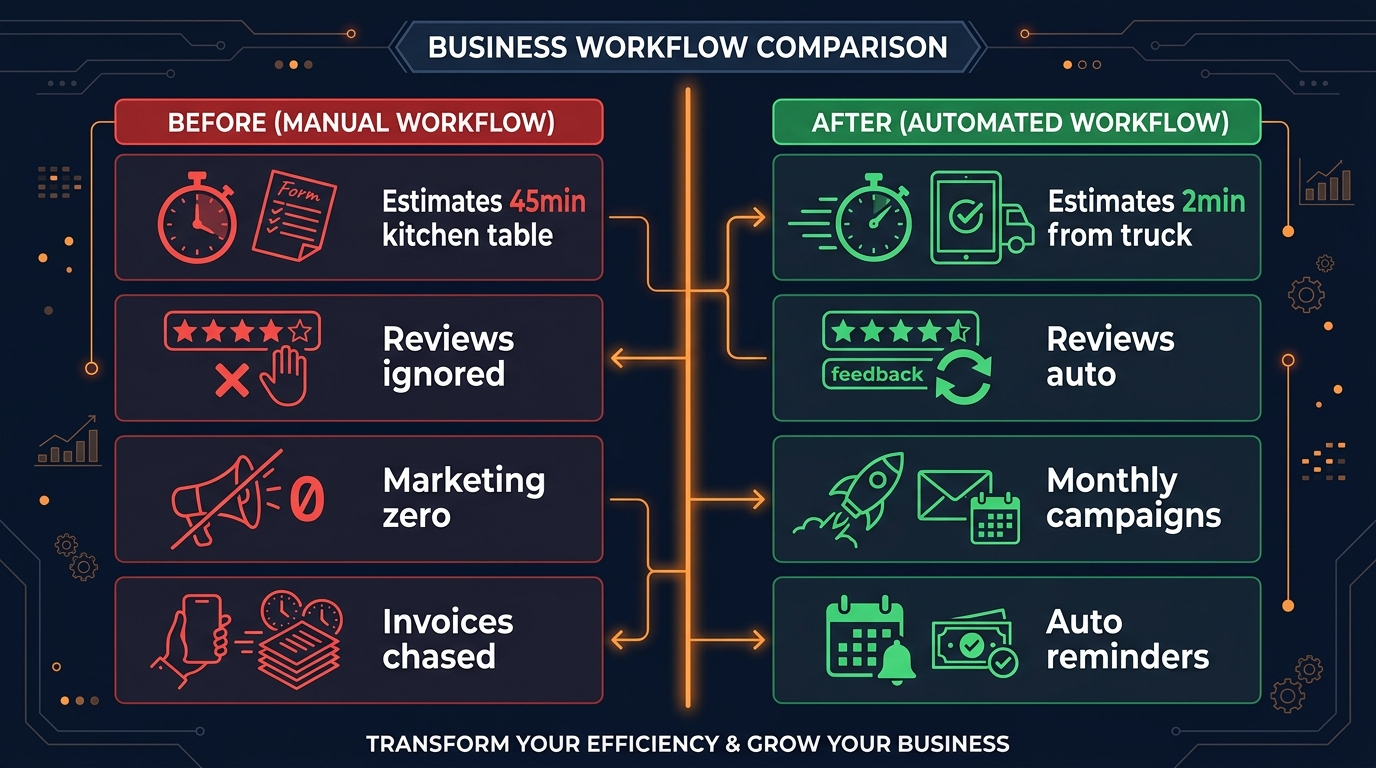 Before vs After AI for contractors: estimates from 45 minutes at kitchen table to 2 minutes from truck, reviews from ignored to auto-done, marketing from zero to monthly campaigns, invoices from chased manually to auto reminders