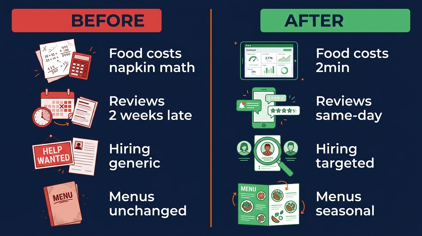 Before vs After AI for restaurants: food costs from napkin math to 2 minutes, reviews from 2 weeks late to same-day, hiring ads from generic to targeted, menus from unchanged to seasonal