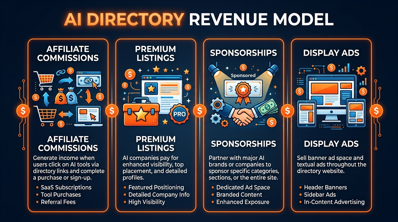 AI directory business revenue model showing affiliate commissions, premium listings, sponsorships, and ads