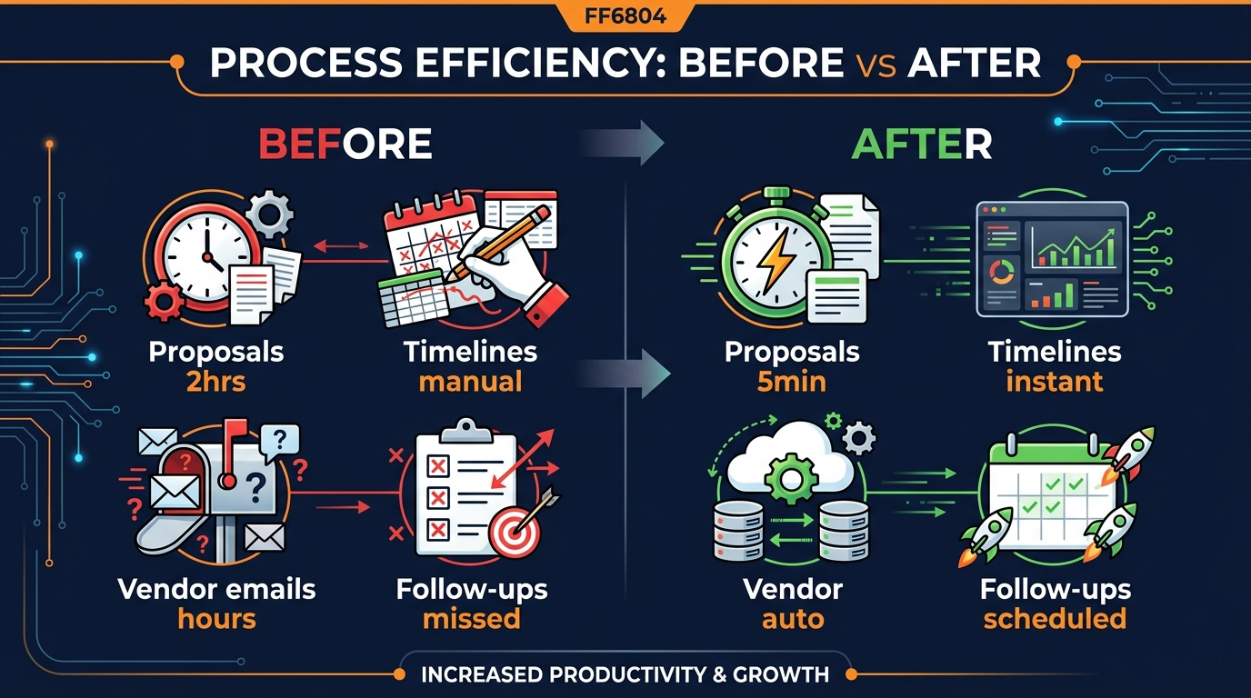 Before vs After AI for wedding planners: proposals drop from 2 hours to 5 minutes, timelines from manual to instant, vendor emails from hours to automated
