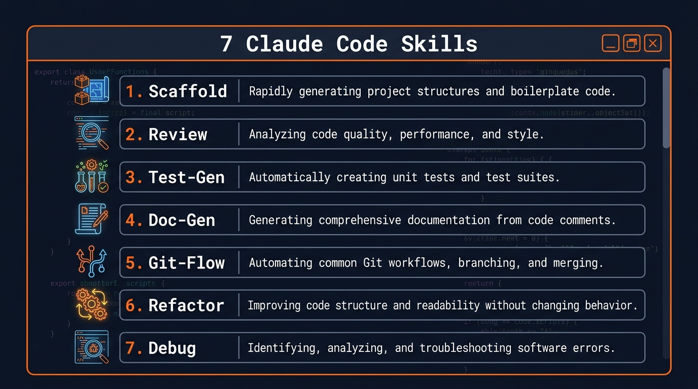7 Claude Code skills: scaffold, review, test-gen, doc-gen, git-flow, refactor, debug