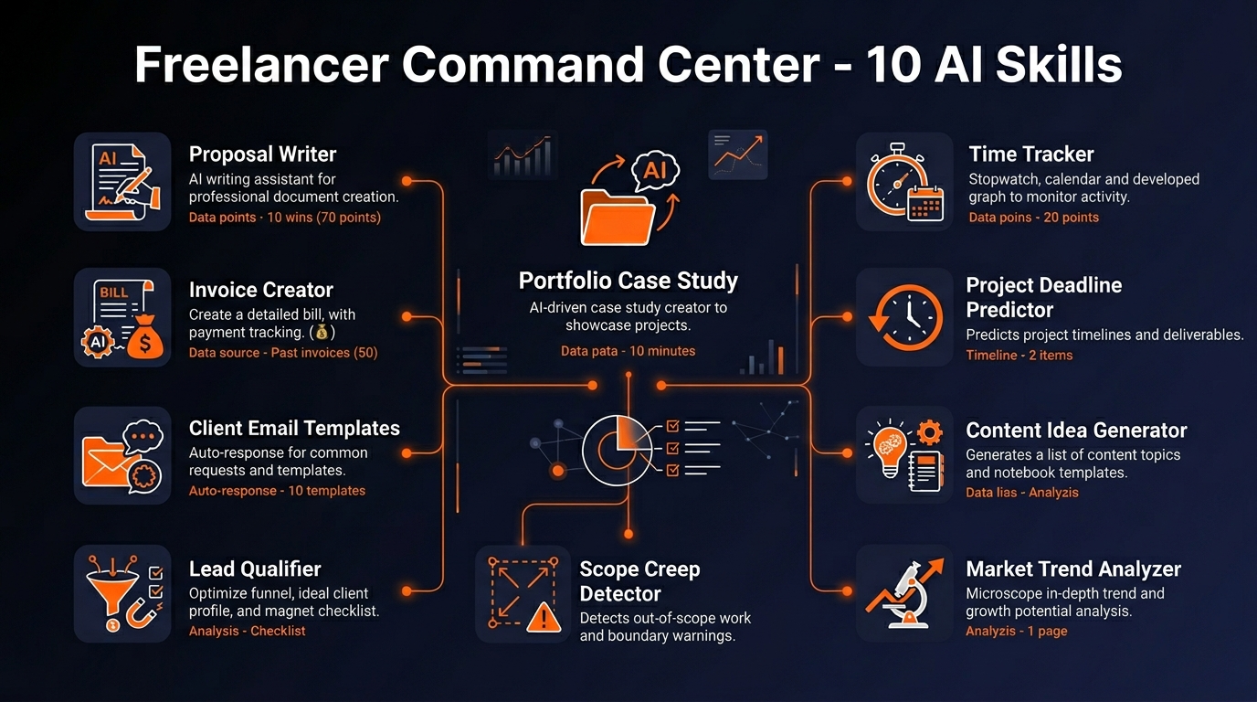 Freelancer Command Center features infographic showing 10 AI skills