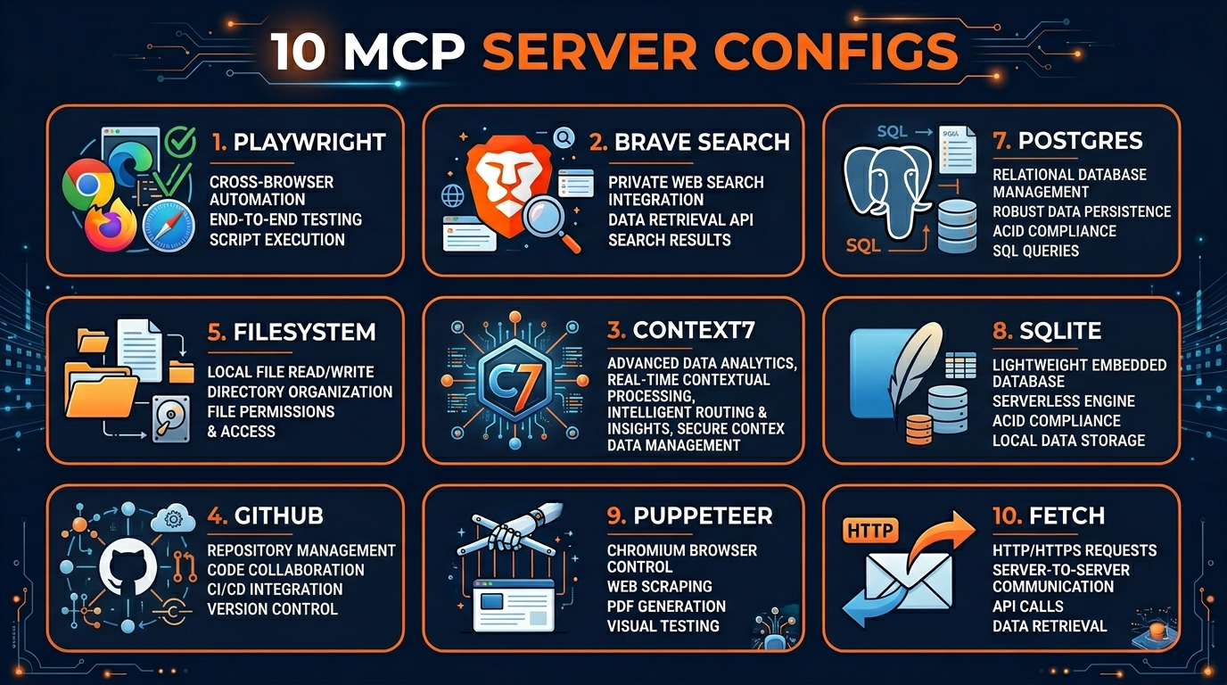10 MCP server configurations: Playwright, Brave Search, Context7, GitHub, Filesystem, Memory, Postgres, SQLite, Puppeteer, Fetch