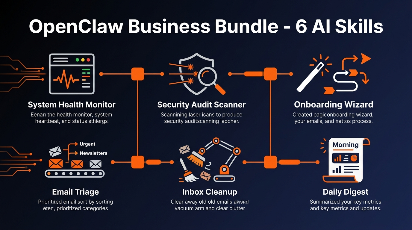 OpenClaw Business Bundle features infographic showing 6 AI skills