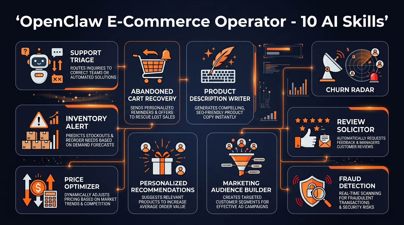 OpenClaw E-Commerce Operator features infographic showing 10 AI skills