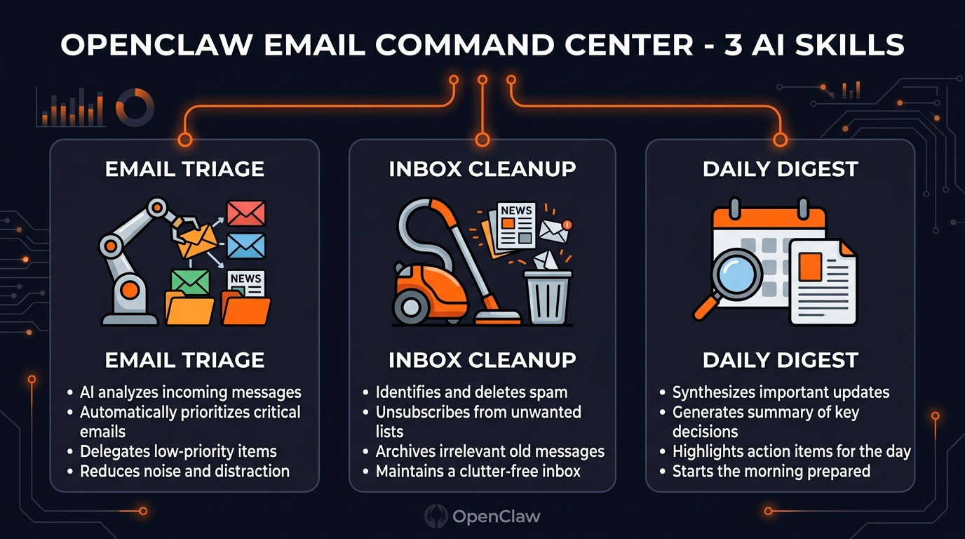 OpenClaw Email Command Center features infographic showing 3 AI skills