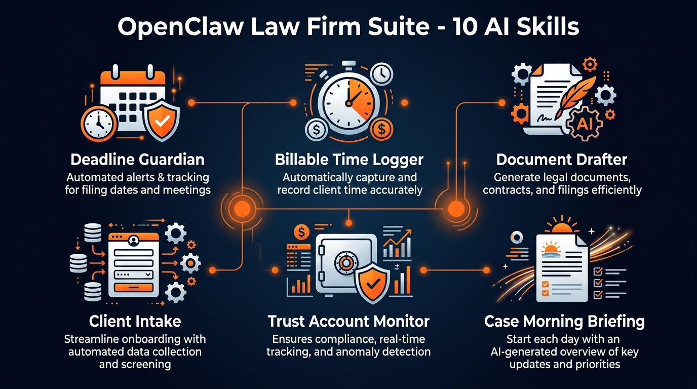 OpenClaw Law Firm Suite features infographic showing 10 AI skills