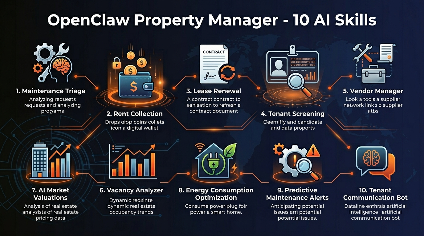 OpenClaw Property Manager features infographic showing 10 AI skills