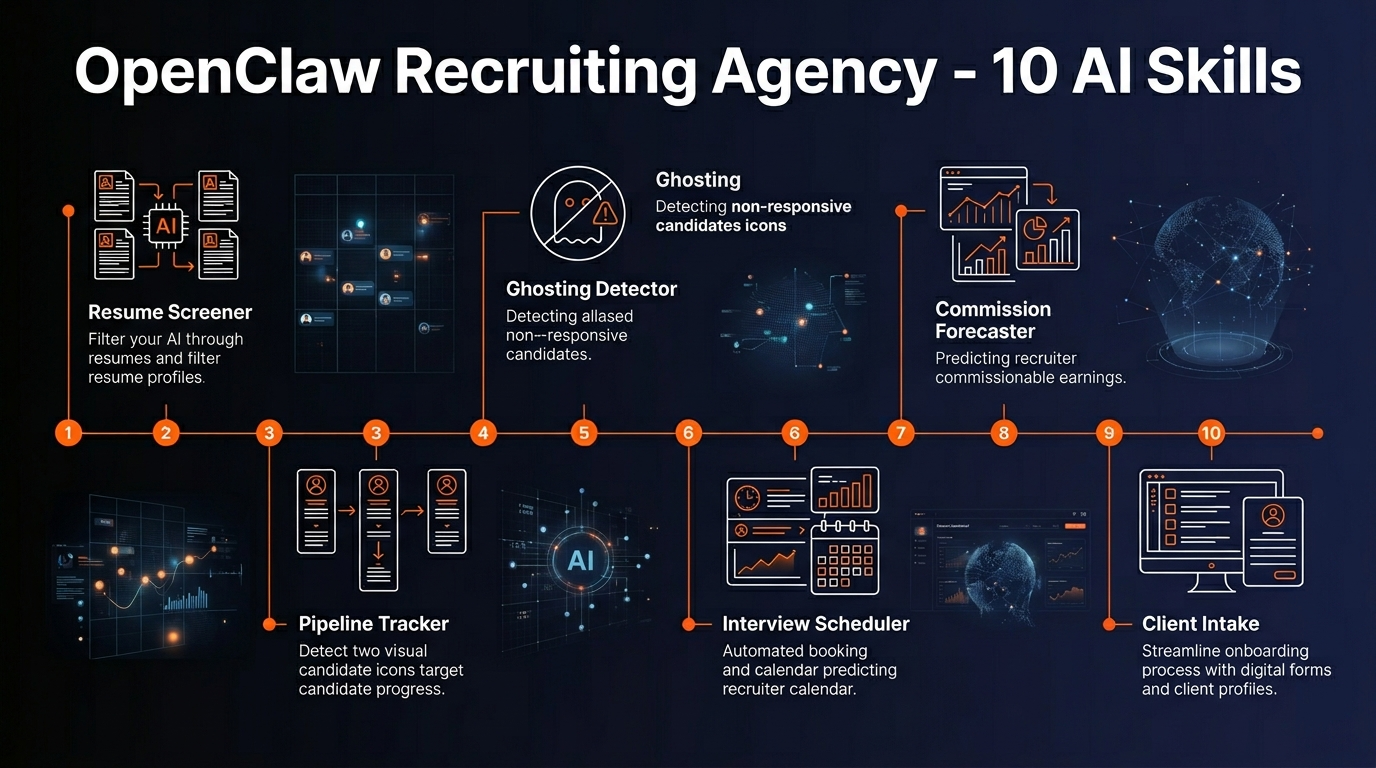 OpenClaw Recruiting Agency features infographic showing 10 AI skills