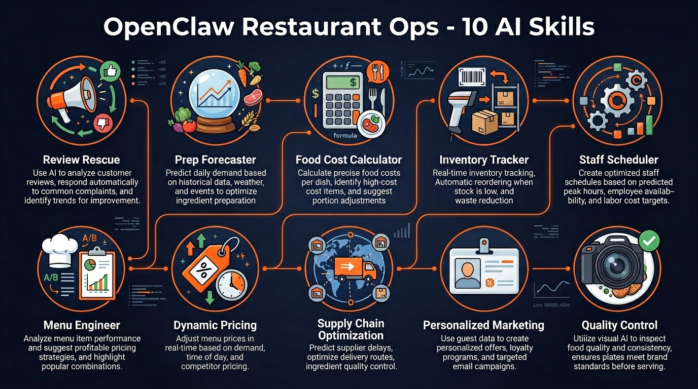 OpenClaw Restaurant Ops features infographic showing 10 AI skills