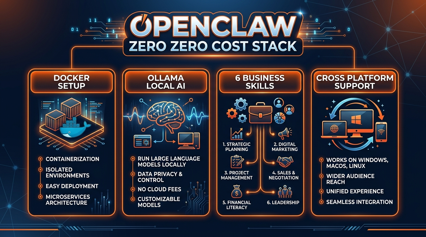 OpenClaw Zero features infographic showing Docker setup, Ollama local AI, 6 business skills, and cross-platform support