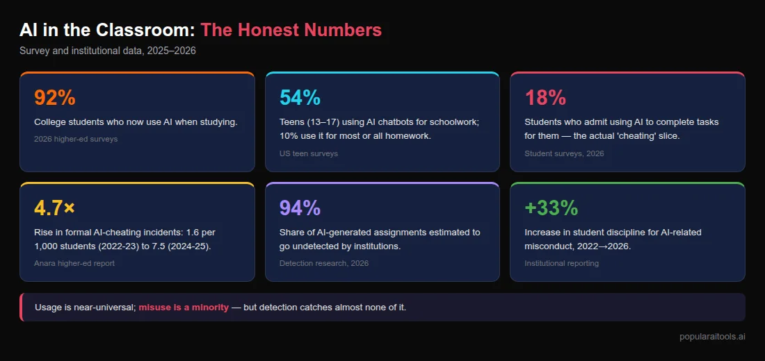 AI cheating statistics 2026: 92% of college students use AI, 18% use it to complete work, incidents up 4.7x, 94% undetected, discipline up 33%