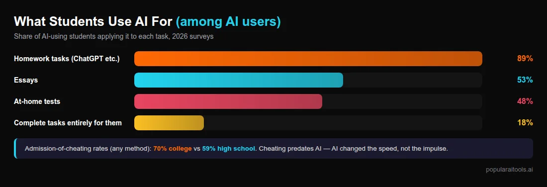 Bar chart of what AI-using students apply AI to: 89% homework, 53% essays, 48% at-home tests, 18% complete tasks entirely