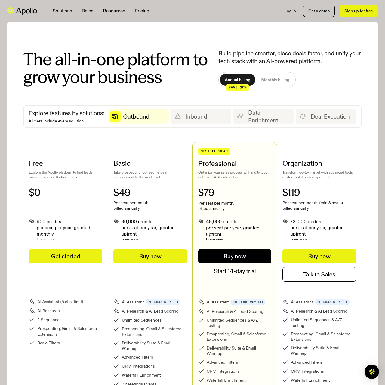 Apollo.io pricing showing Free, Basic $49, Pro $79, and Organization $119 per seat per month with AI Writing credits