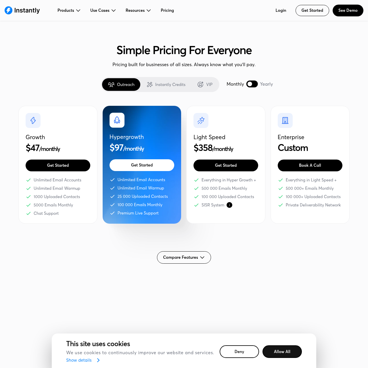 Instantly.ai pricing showing Growth $47, Hypergrowth $97, and Light Speed $358 tiers with AI Email Writer Agent