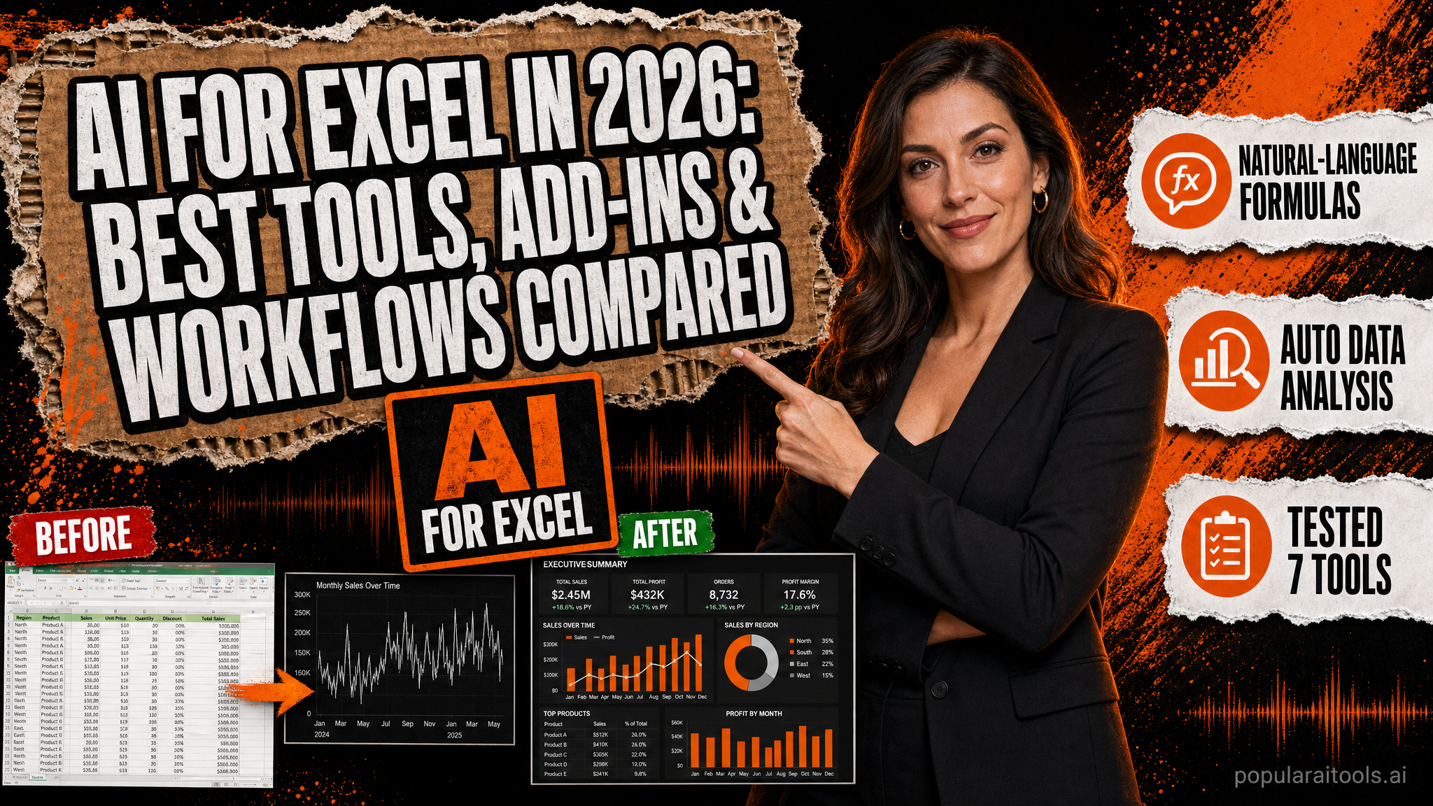 AI for Excel 2026 dashboard showing formula generation and pivot tables