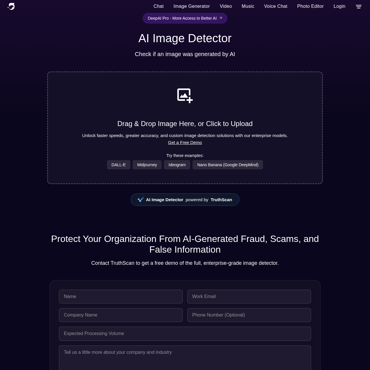 DeepAI AI Image Detector — free tier plus paid API