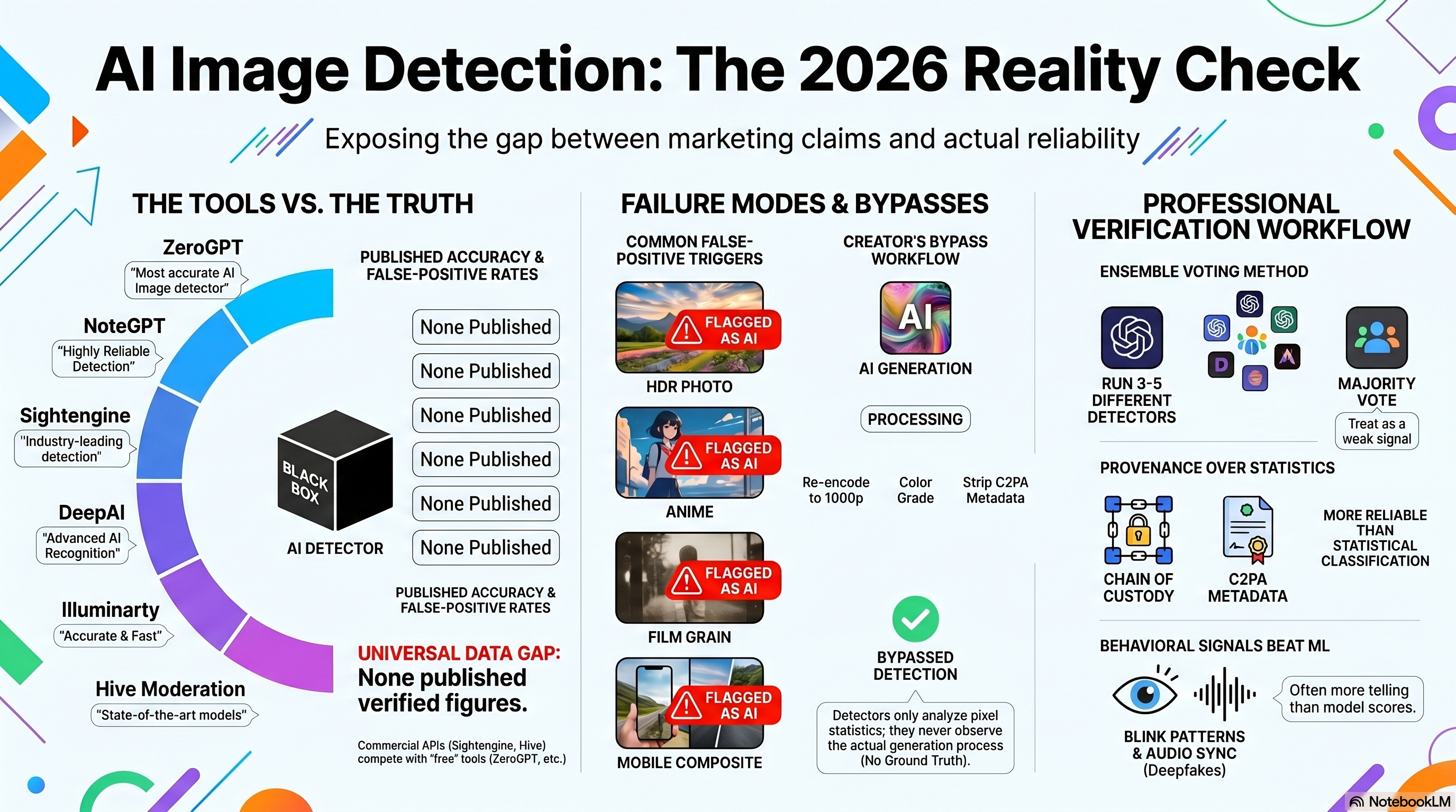AI Image Detection Reality Check — comparison of major detectors, false-positive triggers, and the dual workflow for creators (bypass) and verifiers (ensemble voting)