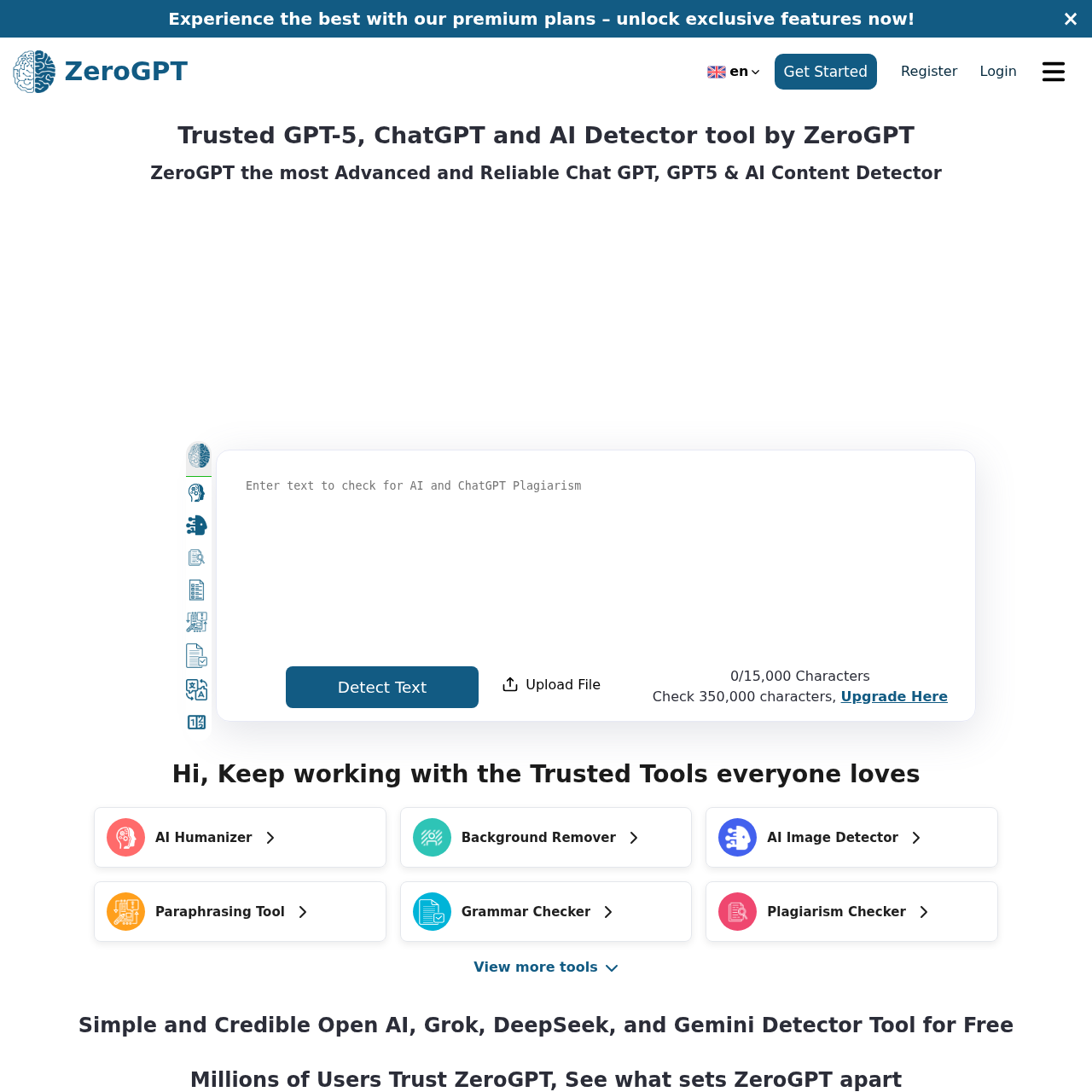 ZeroGPT AI Image Detector — free public tool, dominant SERP position for the head keyword