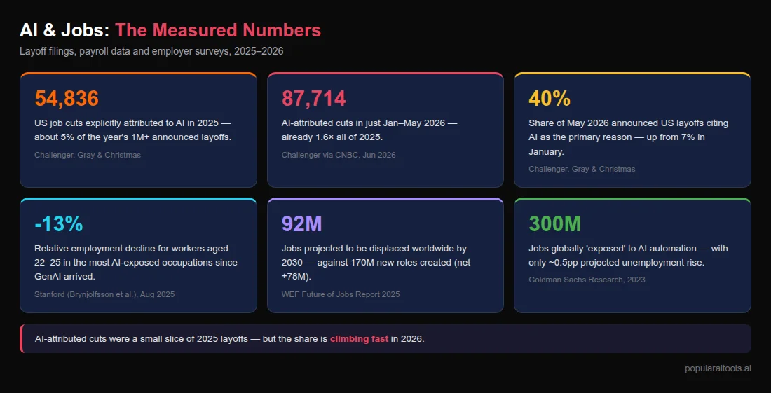 AI job loss statistics 2026: 54,836 US cuts attributed to AI in 2025, 87,714 in Jan-May 2026, 40% of May cuts cite AI, -13% entry-level employment, WEF 92M displaced, Goldman 300M exposed