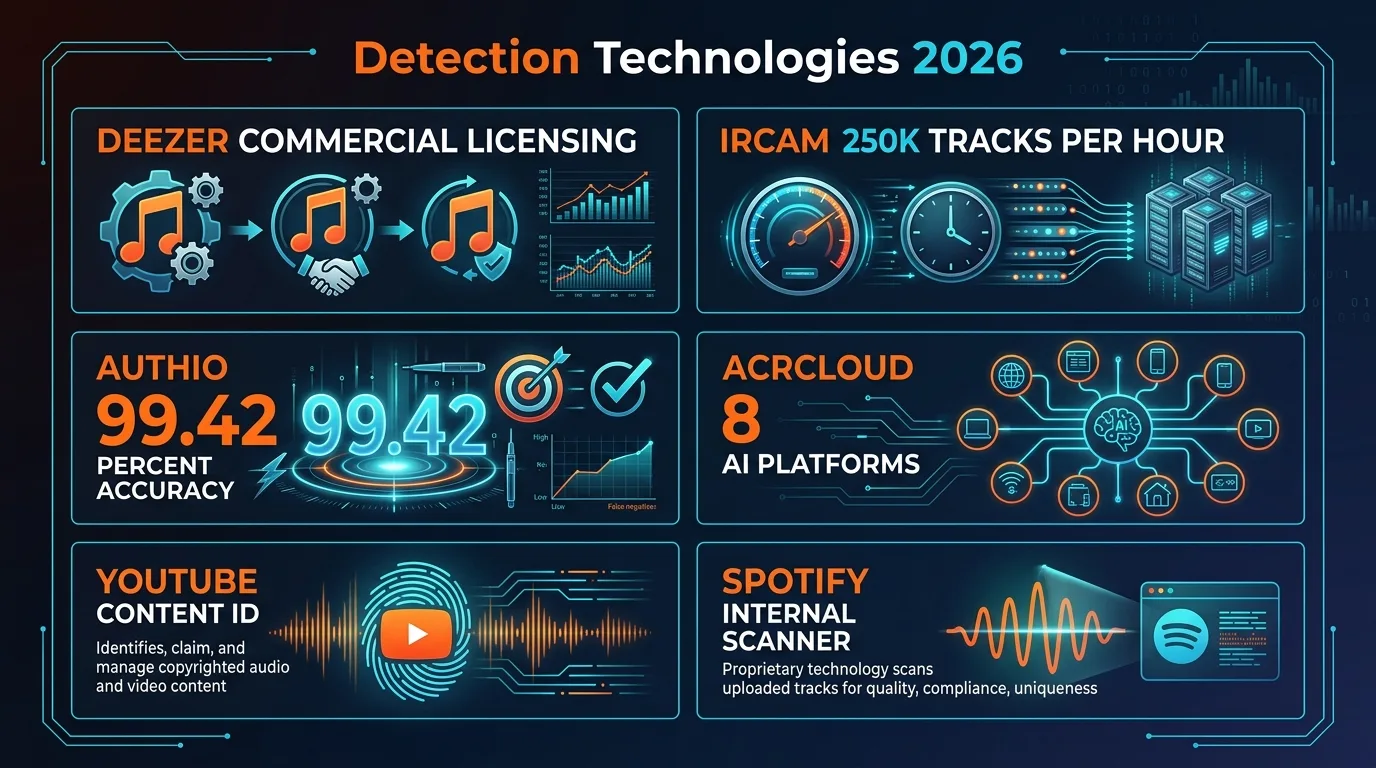 72 audio features analyzed by AI music detection systems - MFCCs, spectral contrast, chroma, rhythmic patterns