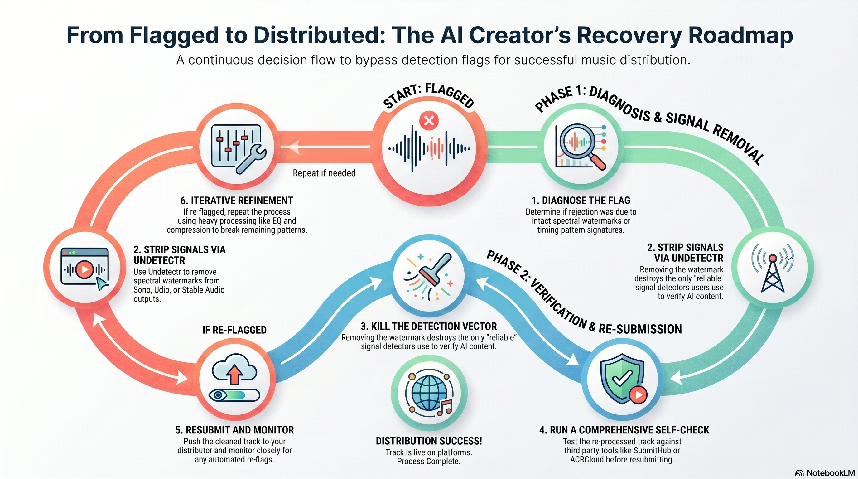 From Flagged to Distributed: The AI Creator's Recovery Roadmap — a six-step decision flow from detection flag through diagnosis, signal removal via Undetectr, self-check, resubmission, and distribution