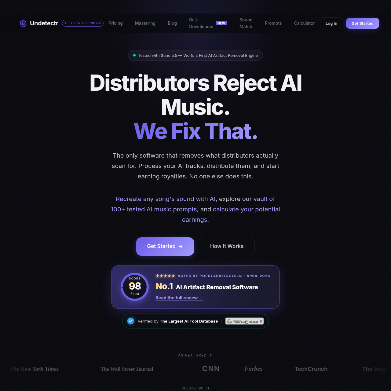 Undetectr — distributors reject AI music, we fix that. No.1 AI artifact removal software at 98/100