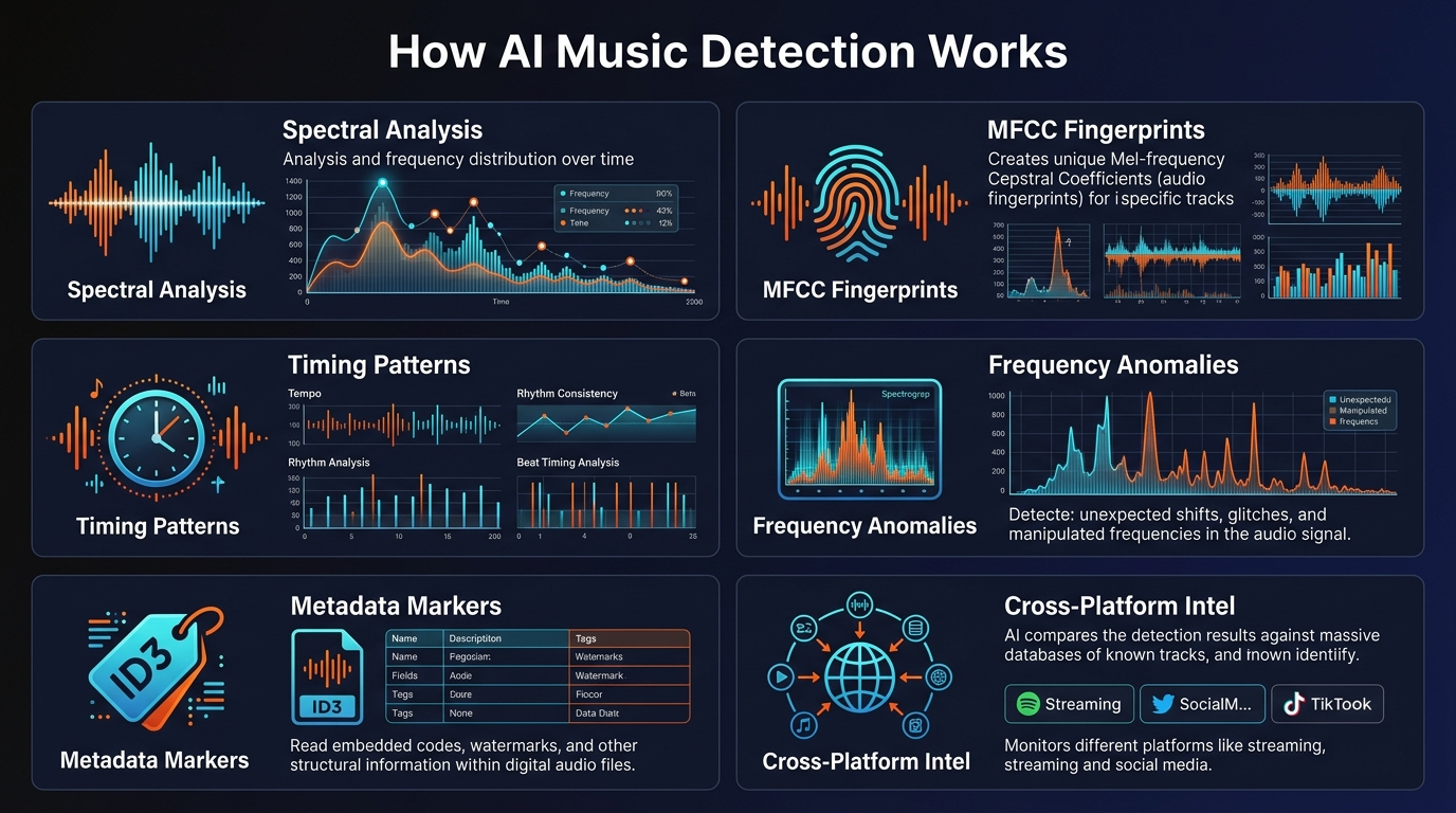 The 72 audio features AI detection systems analyze — MFCCs, spectral contrast, timing patterns, metadata markers