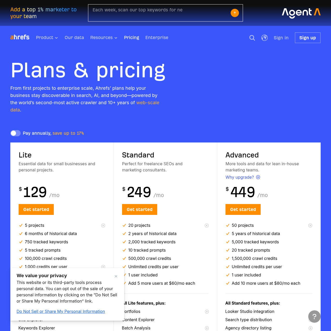 Ahrefs pricing page showing Lite $129, Standard $249, Advanced $499, Enterprise $1499 tiers with Content Kit add-on