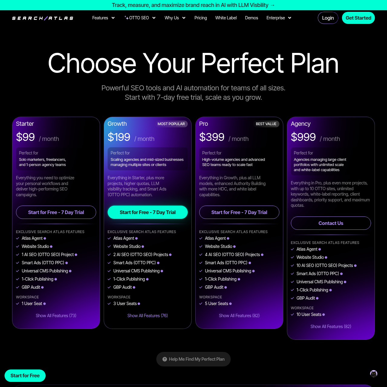 Search Atlas pricing page showing Starter $79, Growth $159, Pro $319, Agency $799 monthly tiers with OTTO autonomous SEO