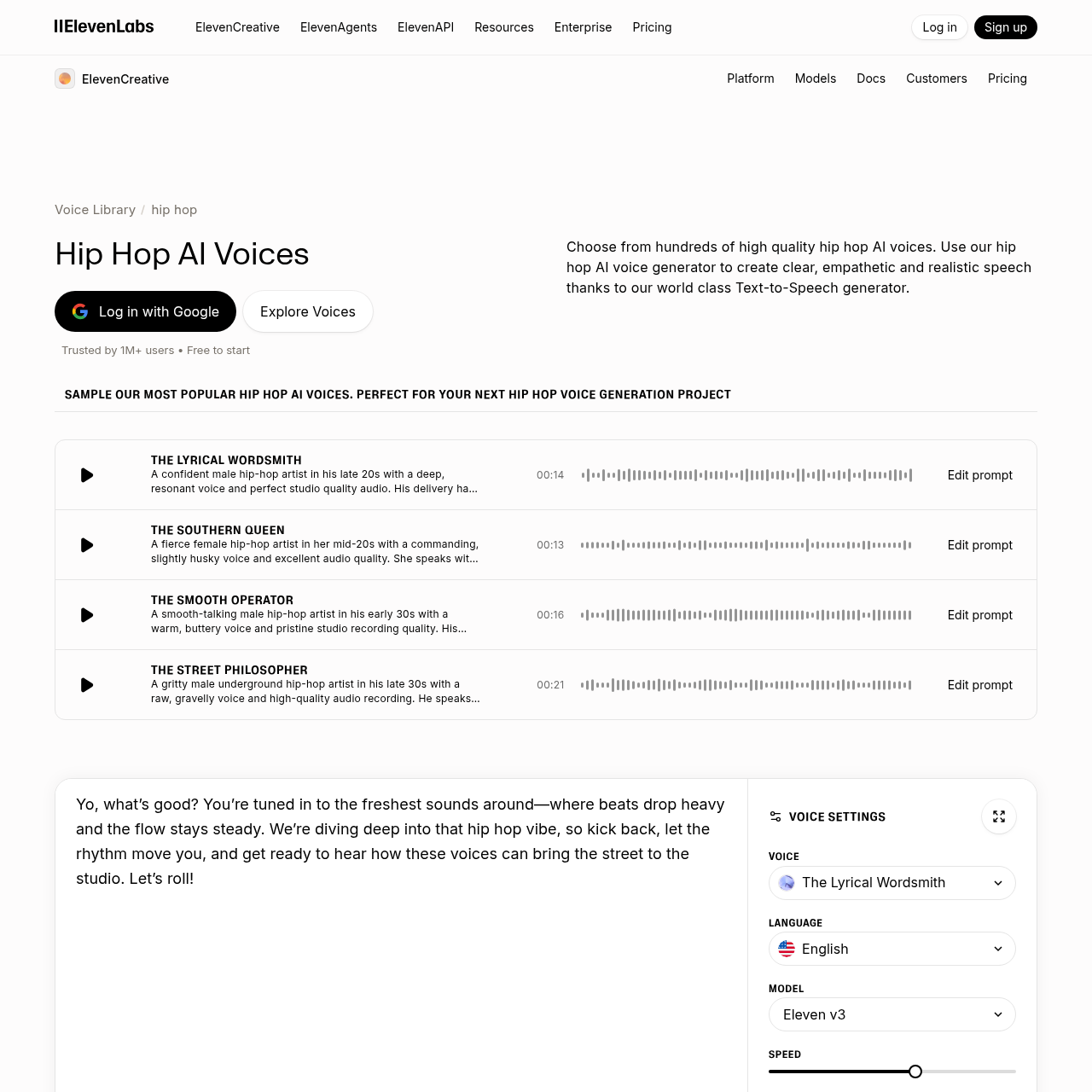 ElevenLabs voice library showing hip-hop personas Lyrical Wordsmith, Southern Queen, Smooth Operator, and Street Philosopher