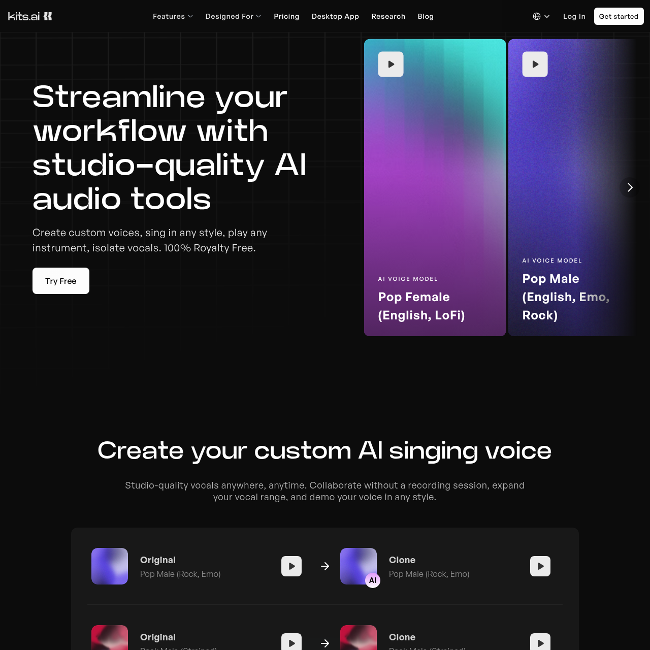 Kits.AI homepage showing ethically licensed AI voices for music production including rap male voices
